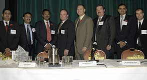 Satyam Chairman B Ramalinga Raju at the TiE event in Toronto held on 10 November. Seen with him are (L to R) Sanjay Tugnait, country manager, Satyam Canada; Rajiv Mathur, president, TiE Toronto chapter and partner, Deloitte & Touch&eacute;; Terry Stuart, partner, Deloitte Consulting; Chuck Housell, SVP and CIO Toronto Dominion Bank; Peter Sweers, SVP (domestic and wealth management system development), Bank of Nova Scotia; Ram Mynampati, president (commercial and healthcare businesses at Satyam; Jason Bremner, director (outsourcing services), IDC Canada.