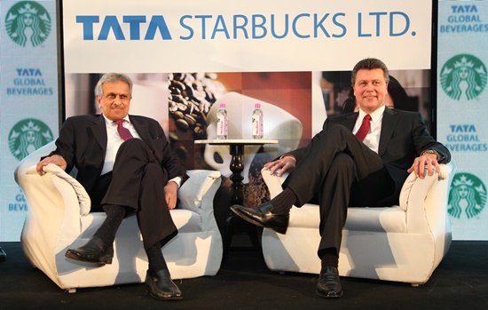 John Culver, president, Starbucks China and Asia Pacific (r) and R K Krishnakumar, vice chairman, Tata Global Beverages announcing the joint venture