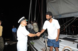 Vice Adm Shekhar Sinha, then C-in-C, Western Naval Command, receives me at the end of the voyage on 31 Mar 2013. The reception was a quiet one at night so that secrecy of my arrival could be maintained until the Presidential Reception on 6 April