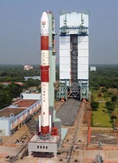 The PSLV-C18, scheduled to lift off on Wednesday, stands on the launch pad at the spaceport at Sriharikota. Image: ISRO